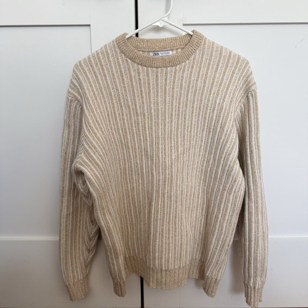 ZARA Beige White Ribbed Striped Knit 100% Cotton Crew Neck Sweater Women's M